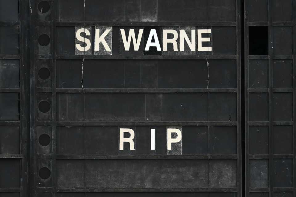 A tribute to Shane Warne at the old scoreboard at the Junction Oval before the start of game, Victoria vs Western Australia, Marsh Cup 2021-22, Melbourne, March 8, 2022