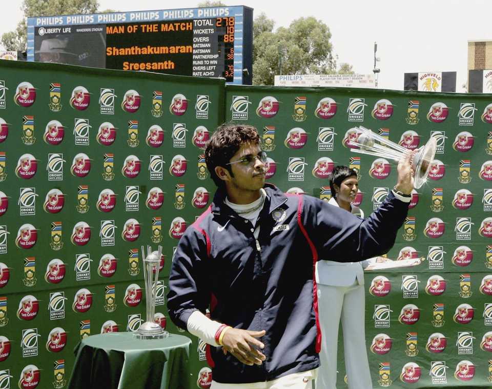 Sreesanth won the Man-of-the-Match award for his match figures of 8 for 99,South Africa v India, 1st Test, Johannesburg, 4th day, December 18, 2006