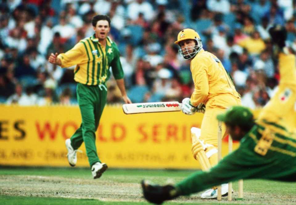 Mark Taylor plays the ball fine, past Phil Emery, second final, Australia vs Australia A, Benson and Hedges World Series, Melbourne, January 17, 1995