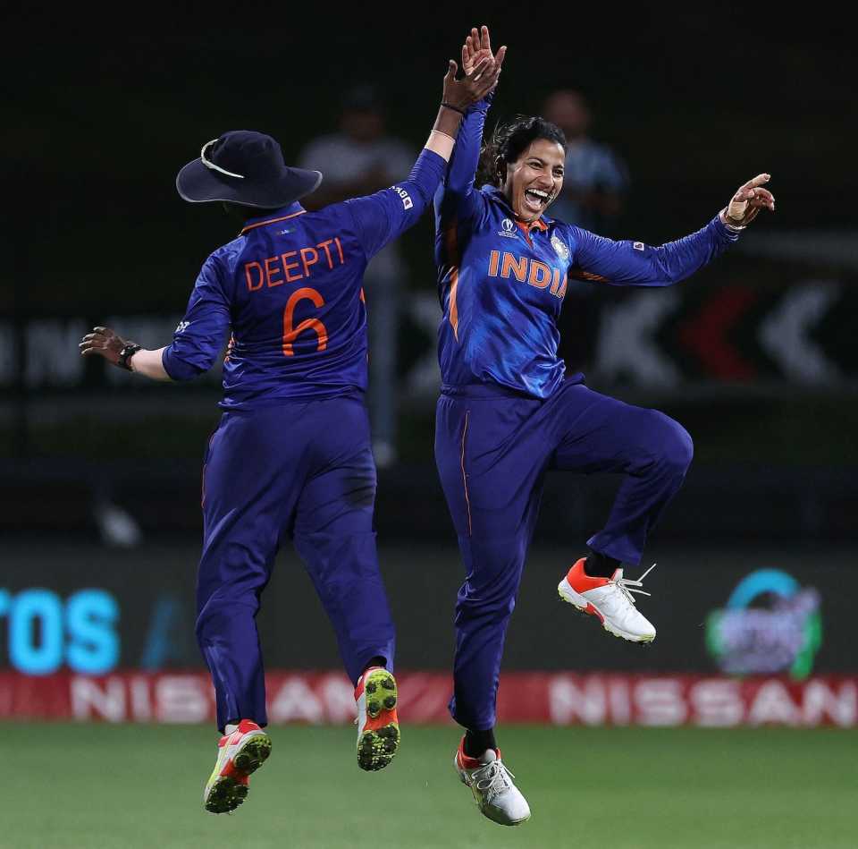 Deepti Sharma and Sneh Rana are over the moon as they celebrate a wicket, India vs West Indies, Women's World Cup 2022, Hamilton, March 12, 2022