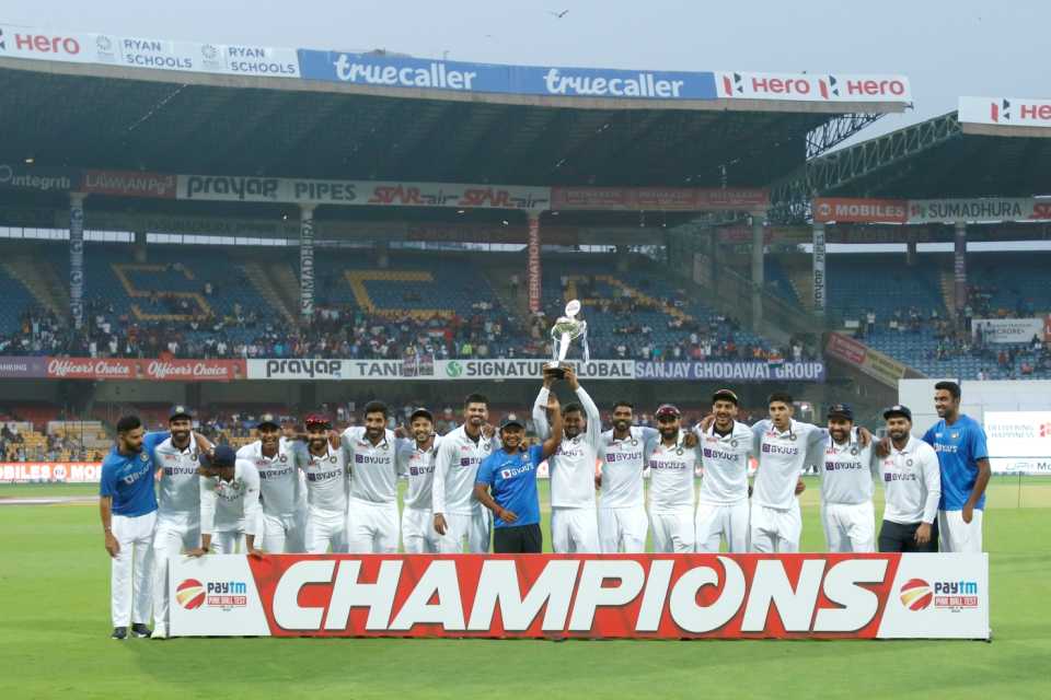 Priyank Panchal lifts the trophy as India celebrate their 2-0 victory over Sri Lanka, India vs Sri Lanka, 2nd Test, Bengaluru, 3rd day, March 14, 2022