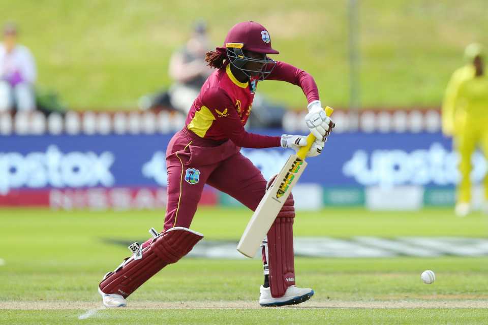 Stafanie Taylor taps the ball into the off side, Australia vs West Indies, Women's World Cup 2022, Wellington, March 15, 2022