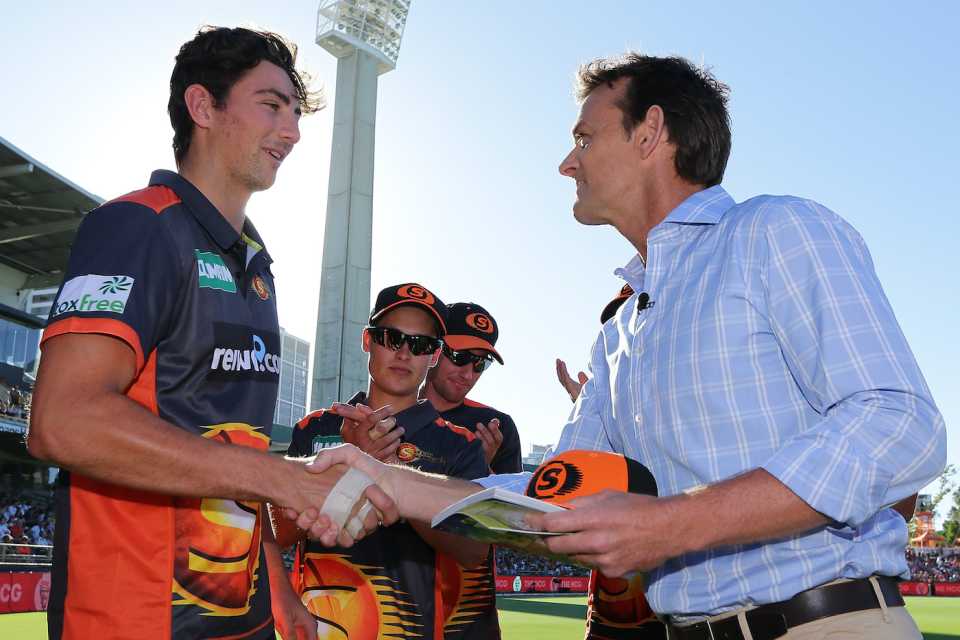 Tim David is presented with his cap by Adam Gilchrist, Perth Scorchers vs Sydney Sixers, WACA, Perth, January 1, 2018