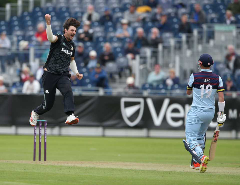 Tim David celebrates the wicket of Alex Lees, semi-final, Durham vs Surrey, Royal London Cup, Chester-le-Street, August 17, 2021.