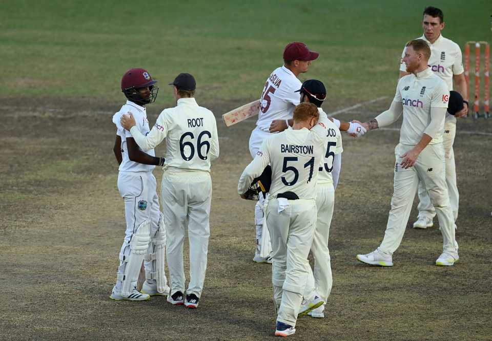 Kraigg Brathwaite and Joe Root shake hands on the draw, West Indies vs England, 2nd Test, Kensington Oval, Barbados, 5th day, March 20, 2022