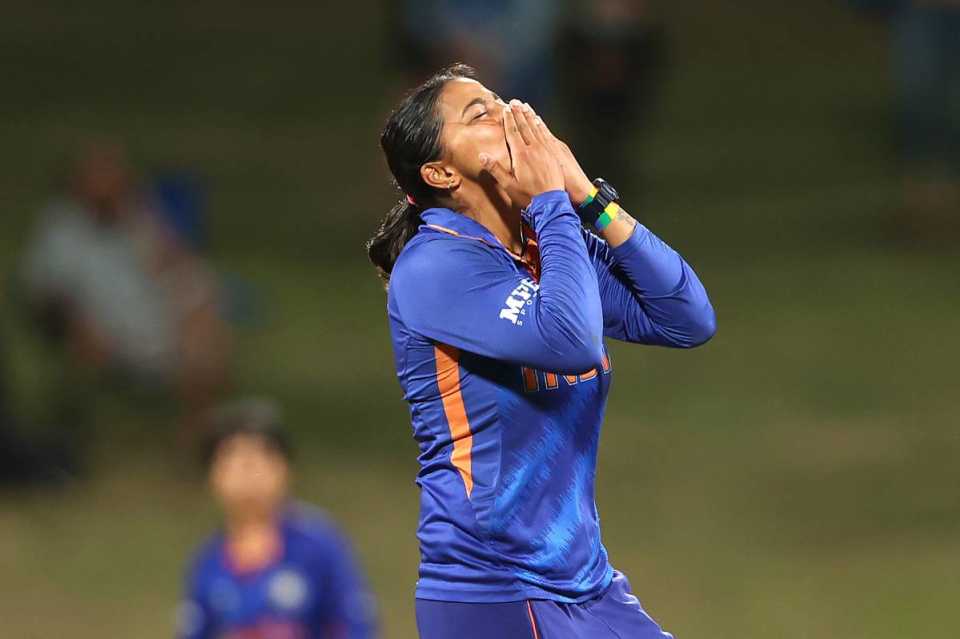 Sneh Rana thanks the heavens after picking up a wicket
