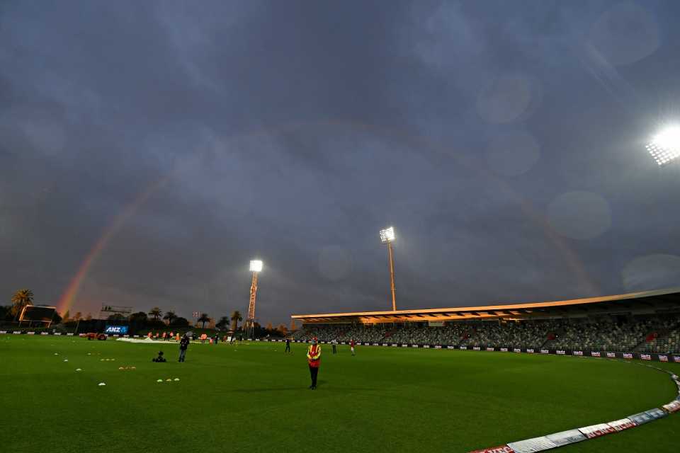 The rainbow makes an appearance over McLean Park, New Zealand vs Netherlands, Only T20I, Napier, March 25, 2022