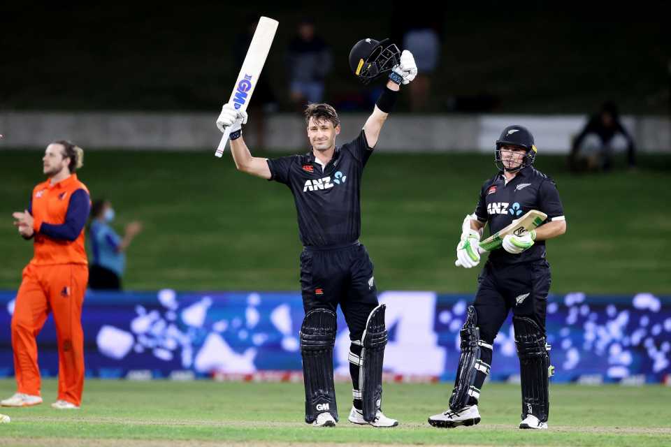 Will Young celebrates his maiden ODI hundred, New Zealand vs Netherlands, 1st ODI, Mount Maunganui, March 29, 2022