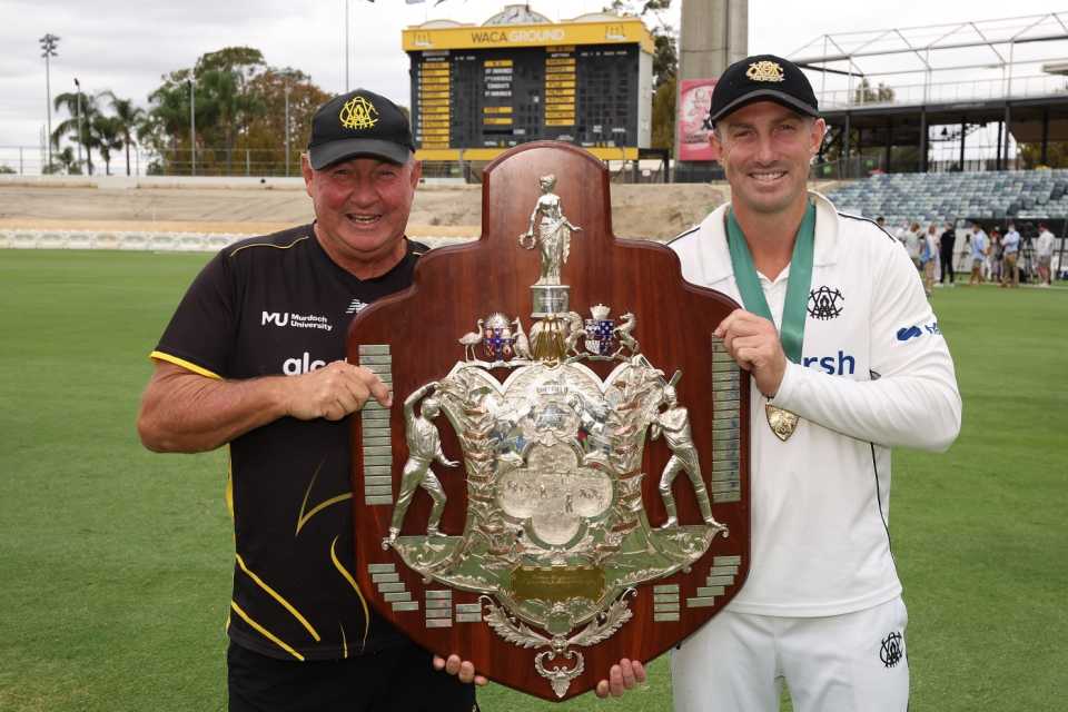 Father and son - Shaun Marsh and Geoff Marsh pose with the Sheffield Shield title, Western Australia vs Victoria, Sheffield Shield final, Day 5, Perth, April 2, 2022