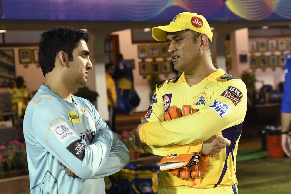 Gautam Gambhir and MS Dhoni have a chat after the match, Chennai Super Kings vs Lucknow Super Giants, IPL 2022, Brabourne Stadium, March 31, 2022