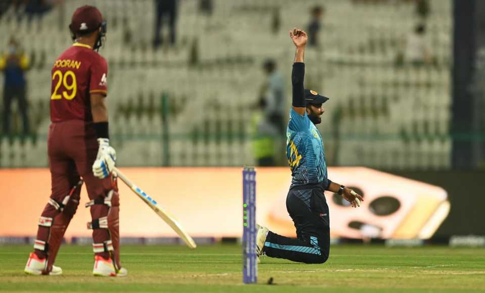 Bhanuka Rajapaksa celebrates after taking a catch to dismiss Roston Chase, Sri Lanka vs West Indies, Men's T20 World Cup 2021, Super 12s, Abu Dhabi, November 4, 2021