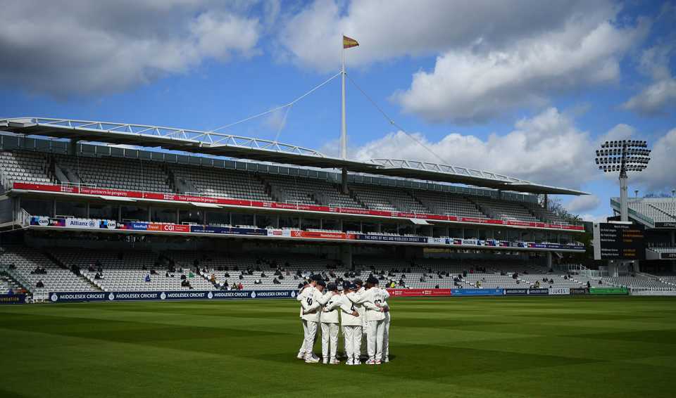 Derbyshire players get into a huddle, Middlesex vs Derbyshire, LV= Insurance Championship, Division Two, Lord's, April 7, 2022
