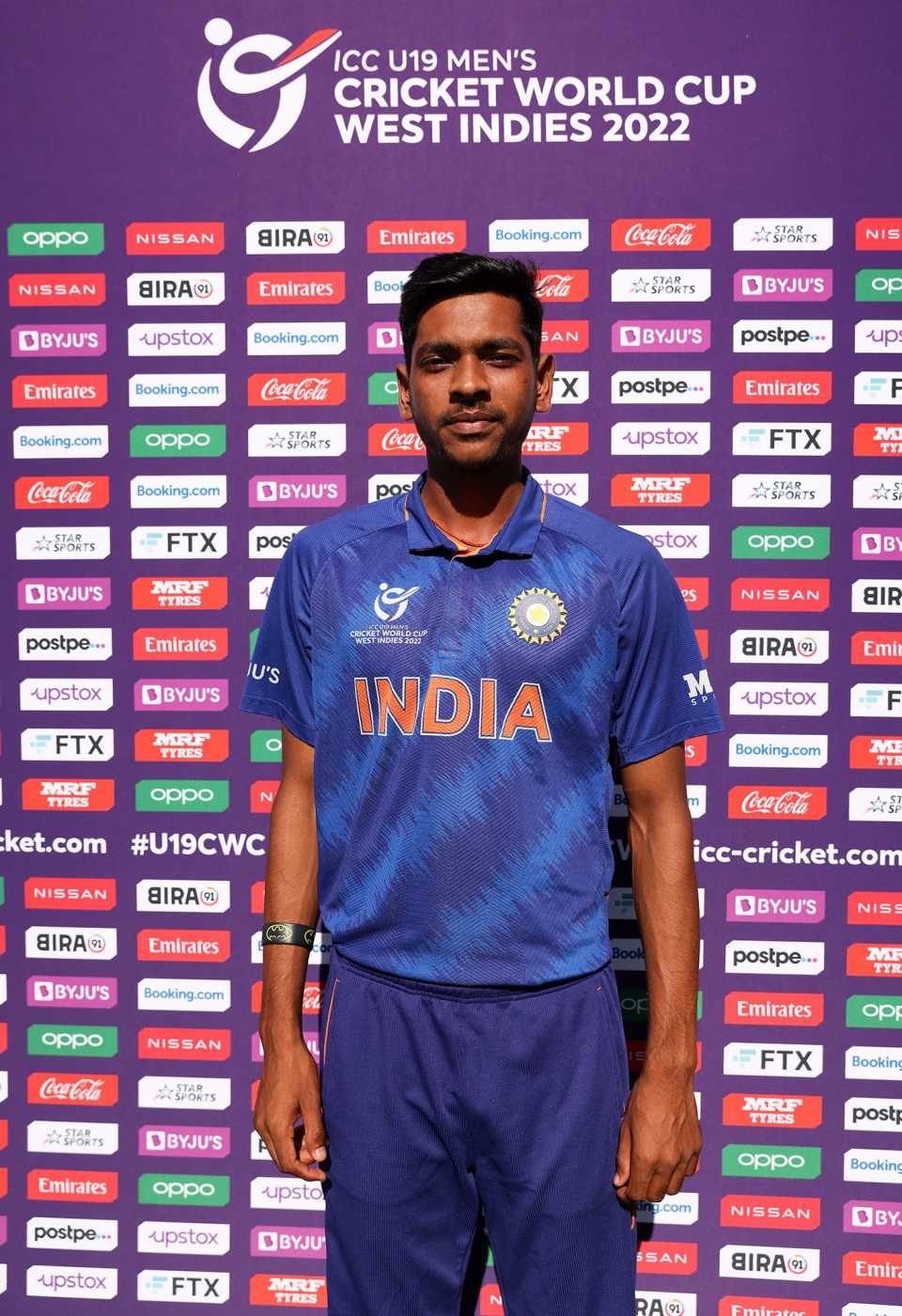 Ravi Kumar poses for a photo after being named Player of the Match, Bangladesh vs India, Under-19 World Cup 2022, quarter-final, Coolidge, January 29, 2022