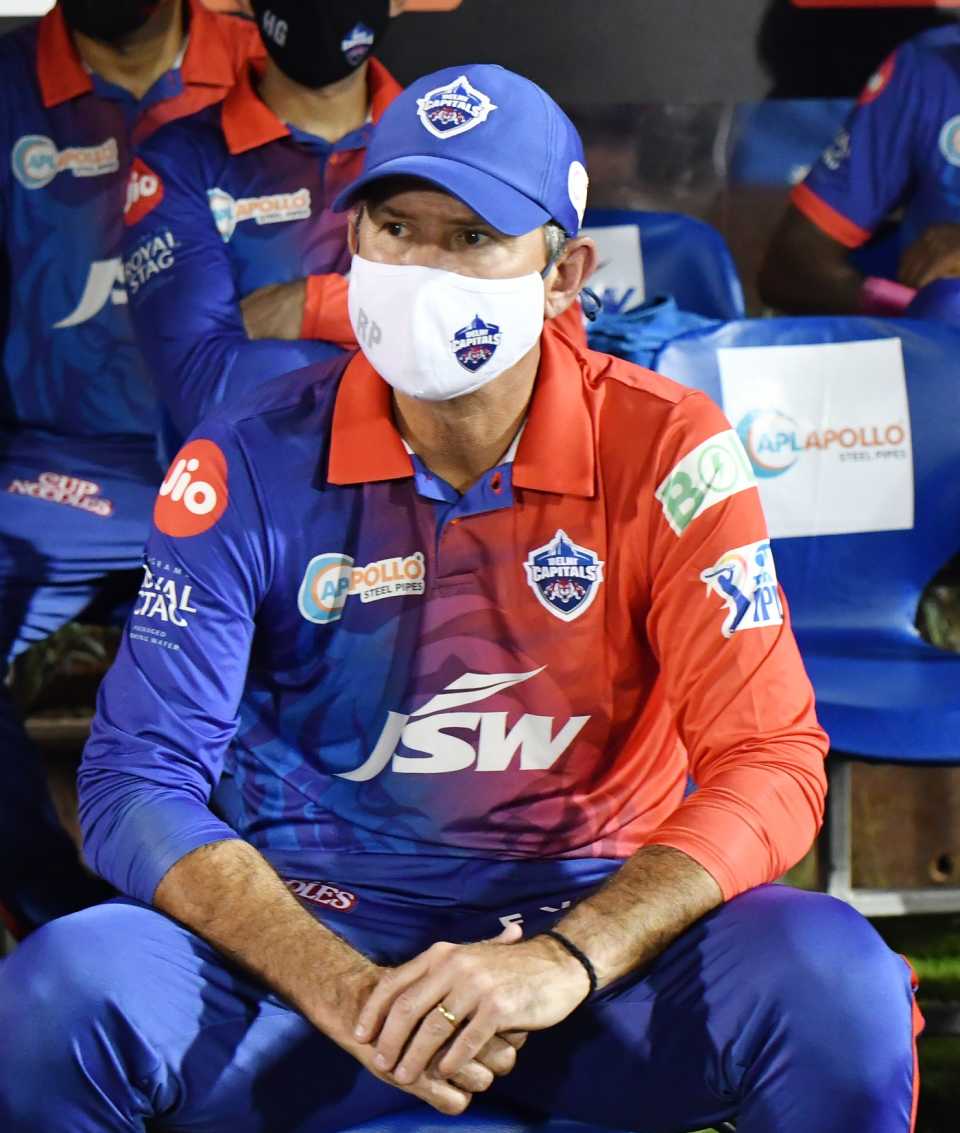 Ricky Ponting sits in the dugout with his mask on, Delhi Capitals vs Punjab Kings, IPL 2022, Brabourne Stadium, Mumbai, April 20, 2022