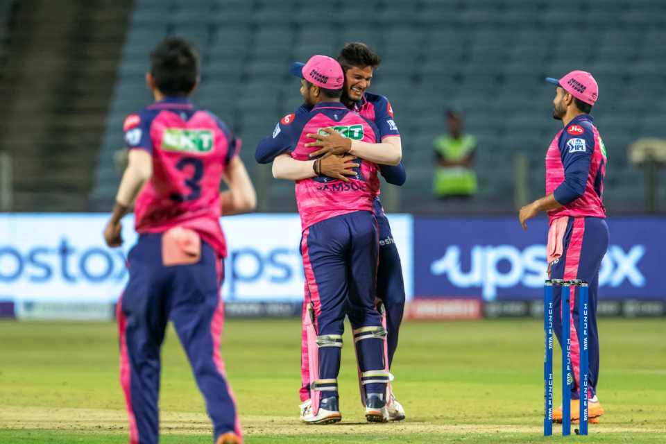 Kuldeep Sen celebrates with his skipper after helping Royals complete the win
