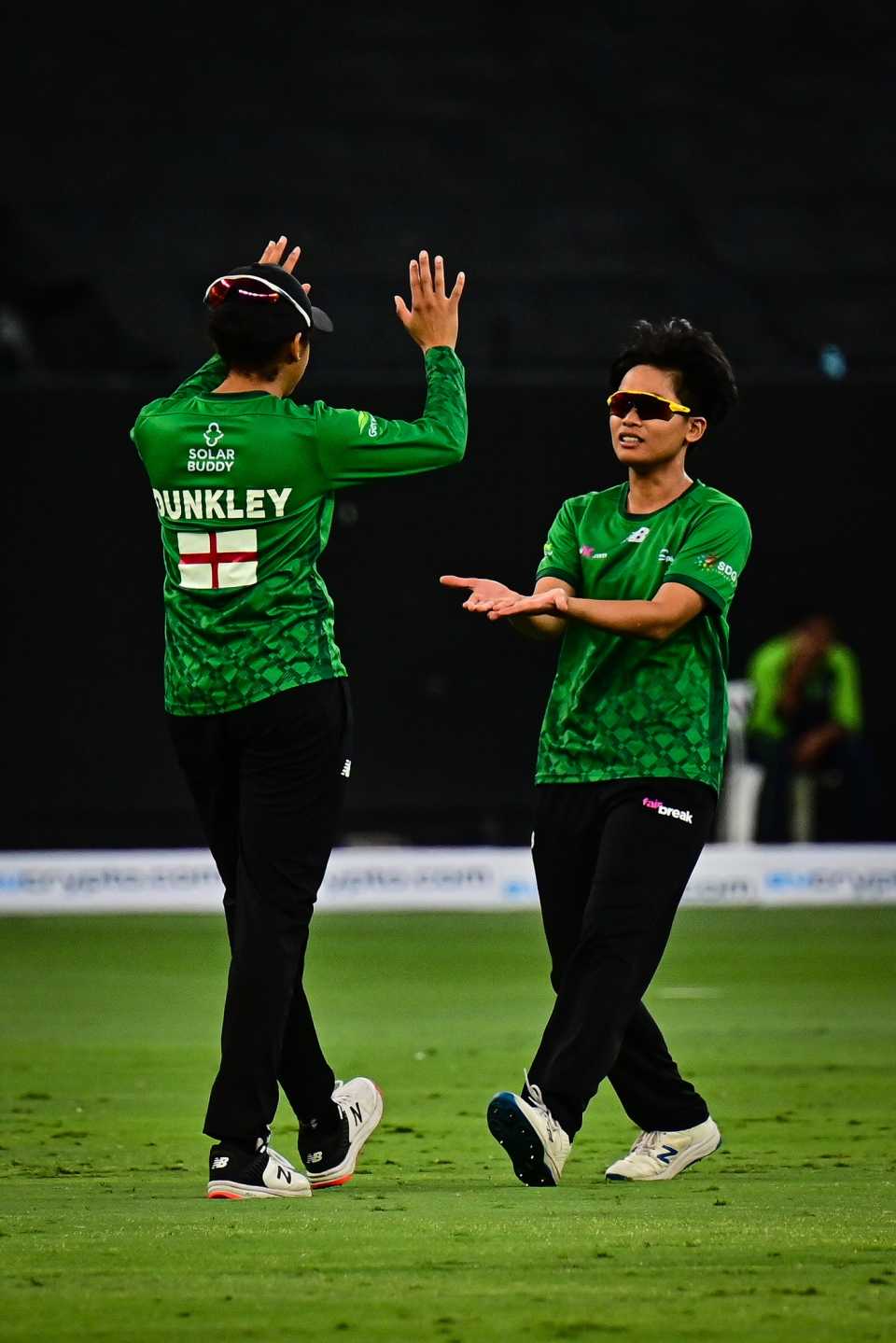 Nattaya Boochatham celebrates a wicket with Sophia Dunkley, Spirit Women vs Sapphires Women, FairBreak Invitational Tournament 2022, Dubai, May 8, 2022