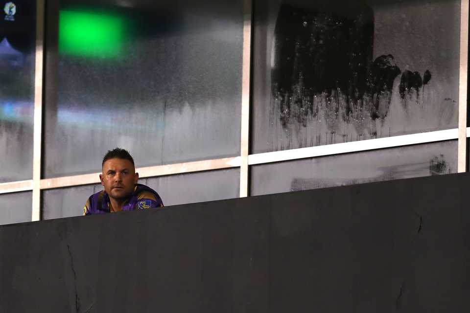 Brendon McCullum looks on during a CPL game, Barbados Tridents v Trinbago Knight Riders, 2nd qualifying final, Caribbean Premier League, Tarouba, October 10, 2019