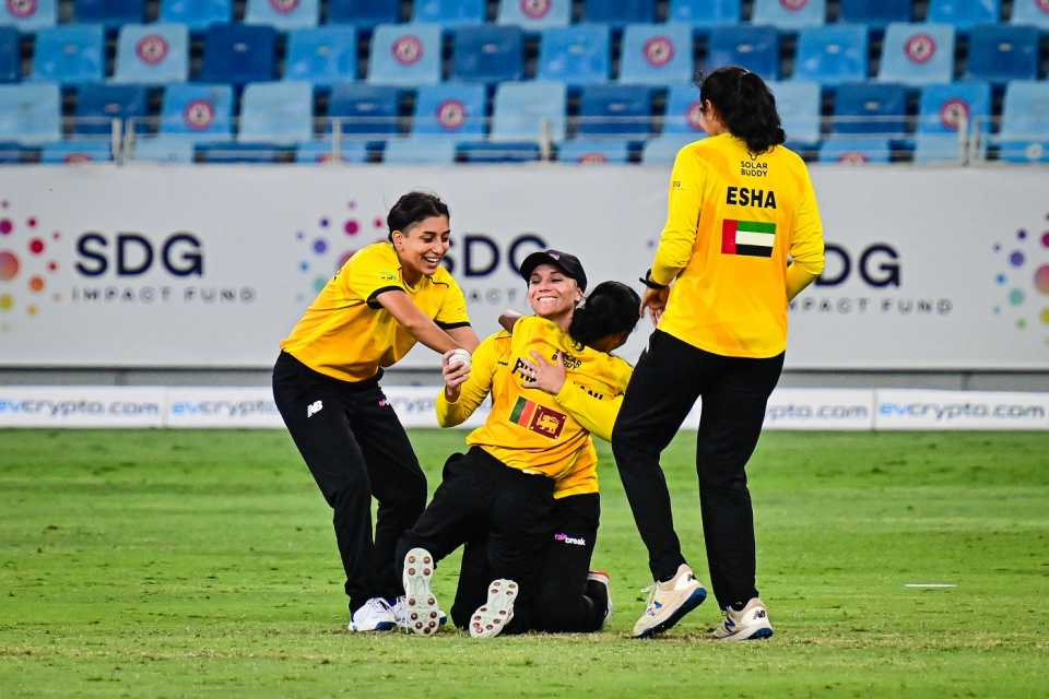 Mignon du Preez gets a bear hug from Udeshika Prabodhani after pulling off a stunning catch to dismiss Laura Wolvaardt