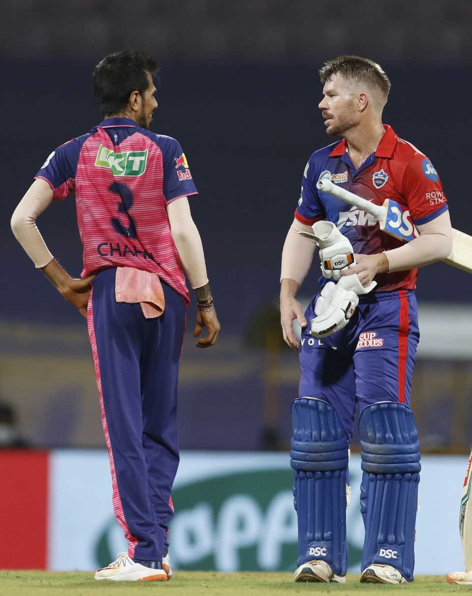 Yuzvendra Chahal has a word with David Warner after the non-dismissal