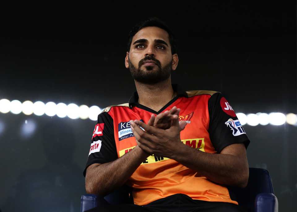 Bhuvneshwar Kumar watches the match, Rajasthan Royals vs Sunrisers Hyderabad, Dubai, IPL 2021, September 27, 2021