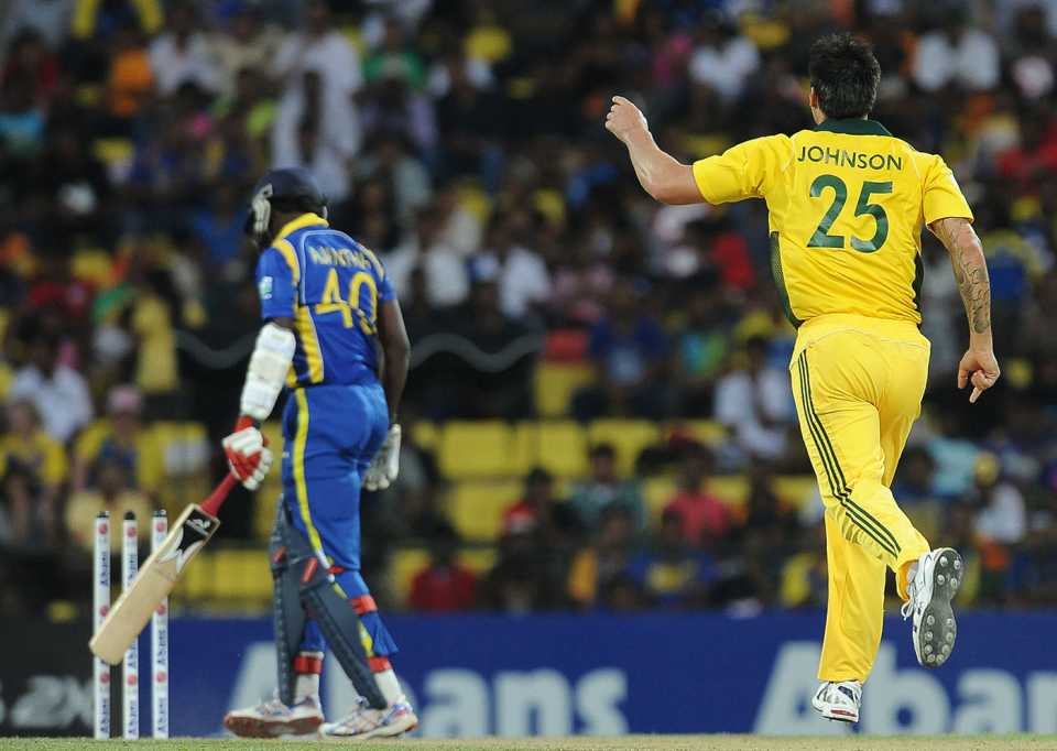 Mitchell Johnson dismisses Ajantha Mendis, Sri Lanka v Australia, 1st ODI, Pallekele, August 10, 2011