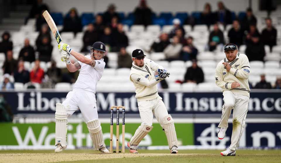 Brendon McCullum avoids a shot by Ben Stokes while fielding at silly point