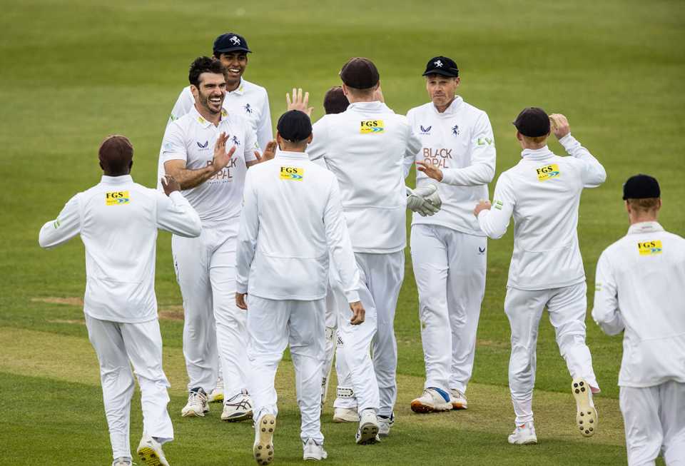 Grant Stewart celebrates a wicket with team-mates, LV= Insurance County Championship, Division One, Northamptonshire vs Kent, Northampton, May 20, 2022