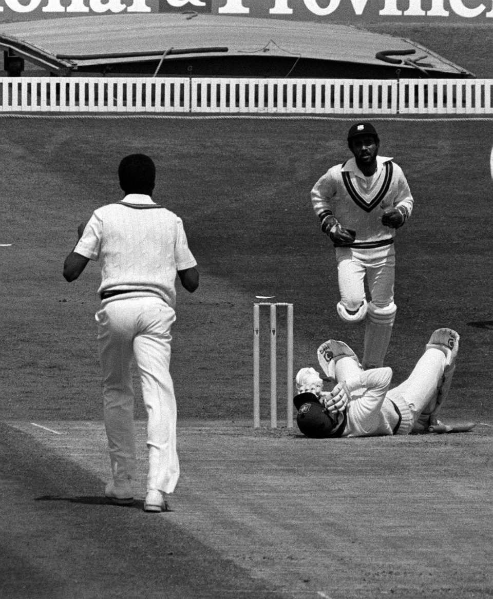 Graeme Wood collapses after being hit by a Michael Holding delivery, Australia vs West Indies, World Cup, Headingley, June 11, 1983