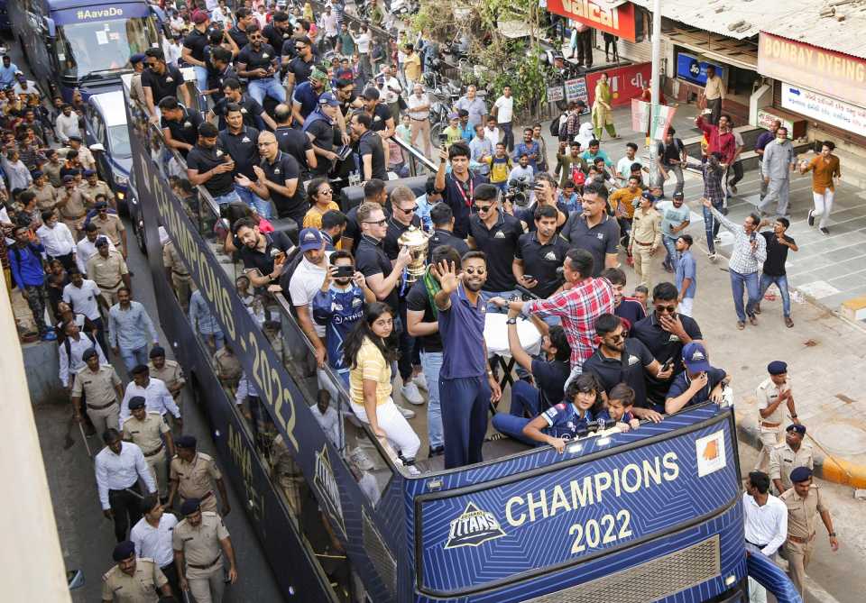 Hardik Pandya with his Gujarat Titans team-mates on an open-top-bus parade, Ahmedabad, May 30, 2022
