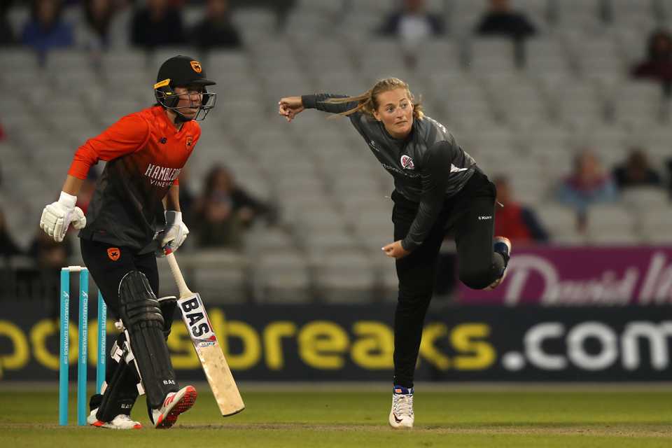 Sophie Ecclestone drives through the crease, Thunder vs Southern Vipers, Charlotte Edwards Cup, Old Trafford, June 1, 2022