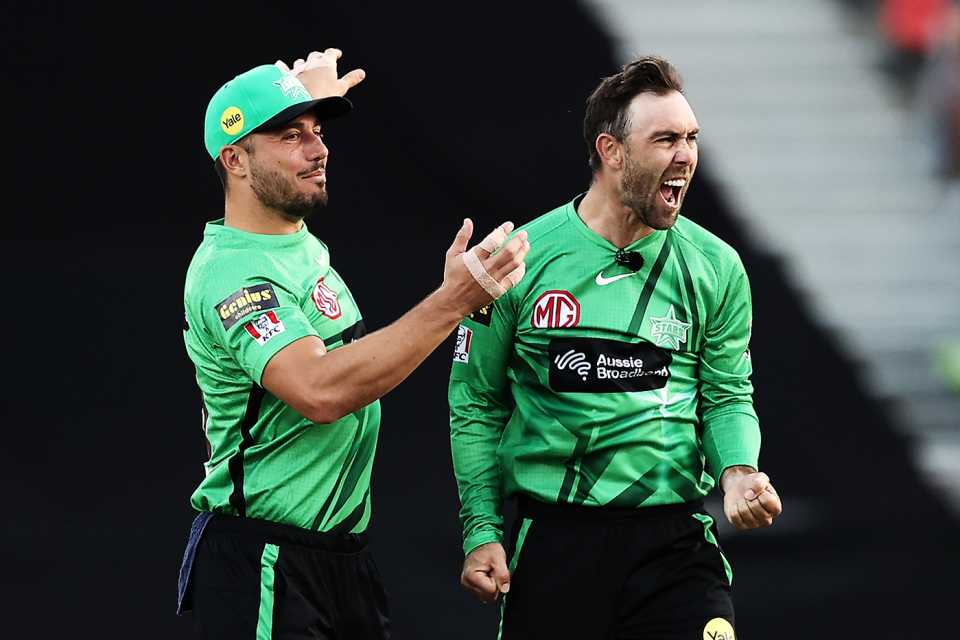 Marcus Stoinis and Glenn Maxwell celebrate a wicket