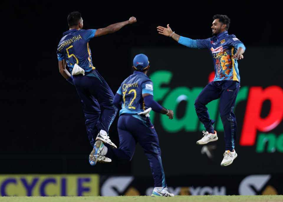 Dushmantha Chameera celebrates after taking the final wicket, Sri Lanka vs Australia, 2nd ODI, Pallekele, June 16, 2022
