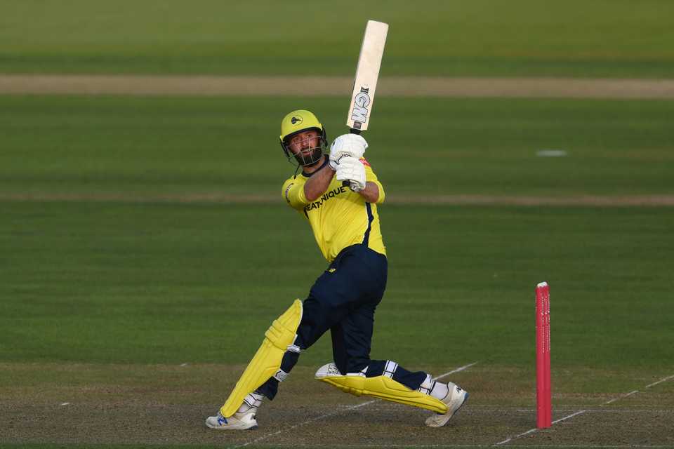 James Vince smashes a six en route to his century, Vitality T20 Blast, Hampshire vs Kent, Ageas Bowl, June 17, 2022