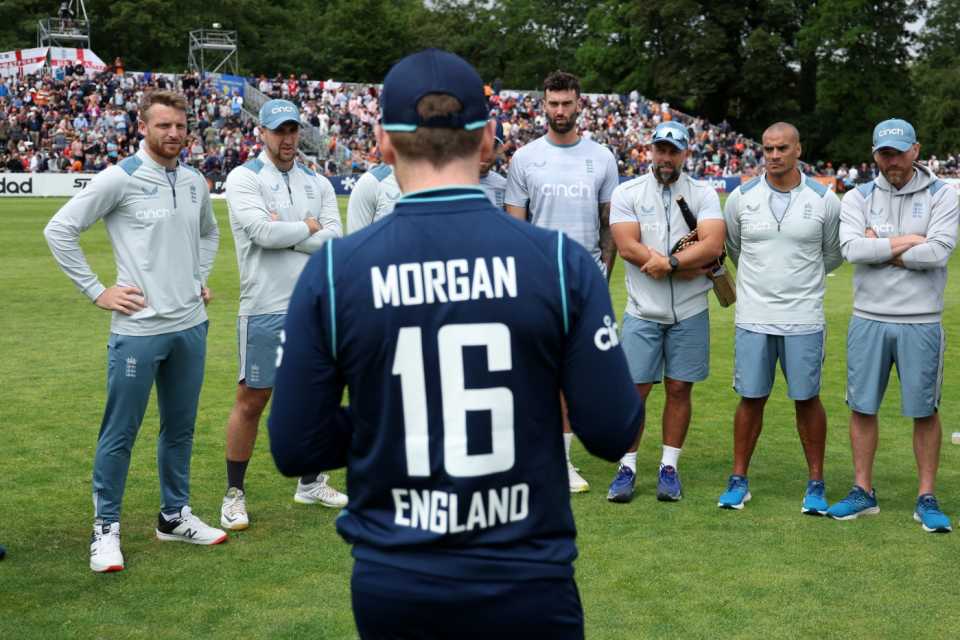 Eoin Morgan addresses his team ahead of the second ODI against Netherlands