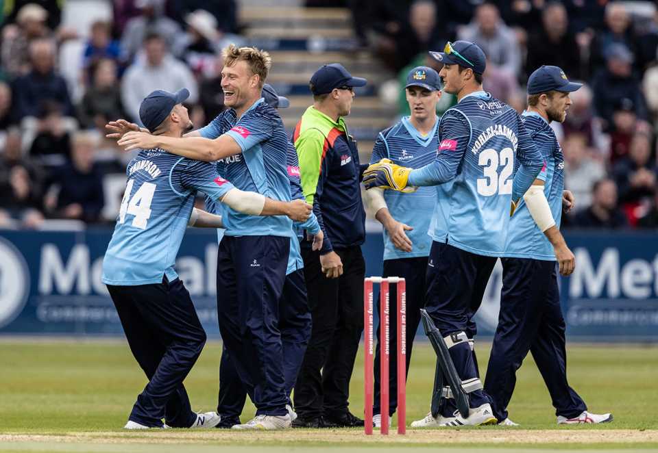 Matthew Waite celebrates with team-mates after taking a wicket, Northamptonshire vs Yorkshire, Vitality Blast, Wantage Road, June 24, 2022