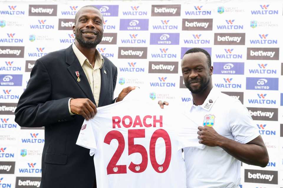 Sir Curtly Ambrose presents Kemar Roach with a shirt for taking 250 Test wickets, West Indies vs Bangladesh, 2nd Test, St Lucia, 4th day, June 27, 2022