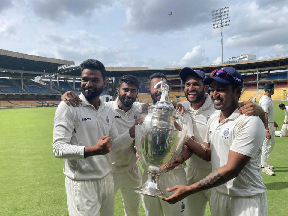 Kumar Kartikeya (extreme left) celebrates winning the Ranji Trophy with his Madhya Pradesh team-mates