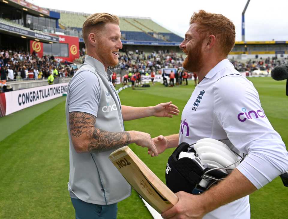 Ben Stokes greets Jonny Bairstow with a big smile after England's win, England vs India, 5th Test, Birmingham, 5th day, July 5, 2022