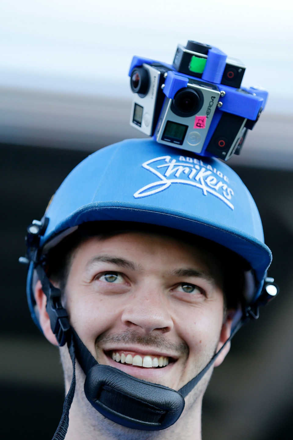 Hamish Kingston wears a helmet with gopros attached 
