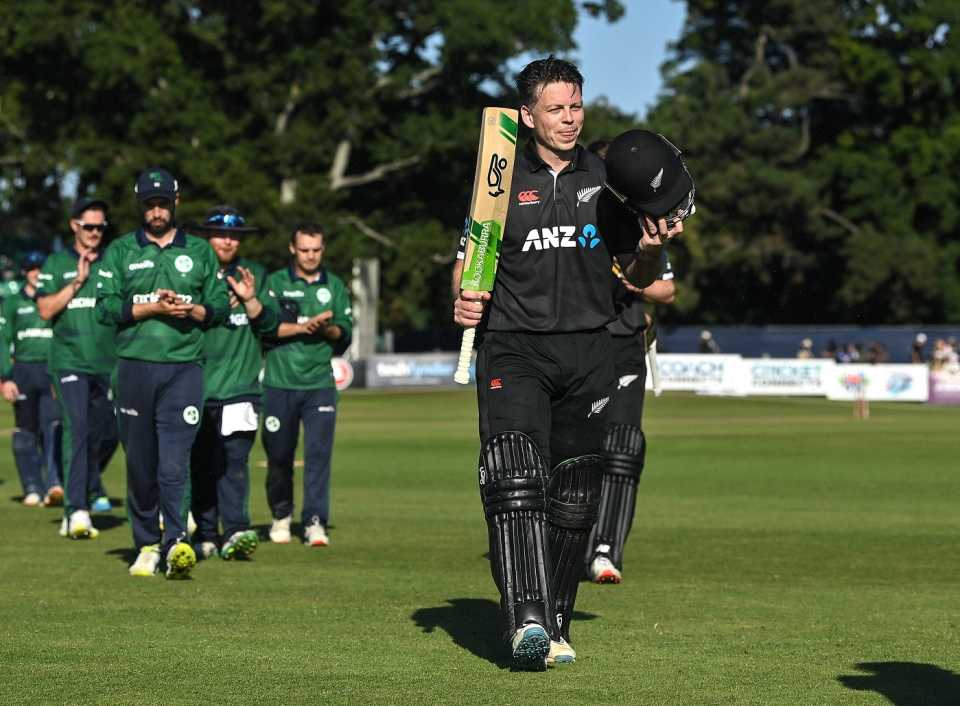 Michael Bracewell walks back with an unbeaten 127 after helping New Zealand to an unlikely win, Ireland vs New Zealand, 1st ODI, Dublin, July 10, 2022
