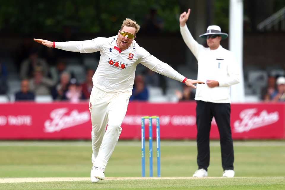 Simon Harmer wheels away in celebration, Essex vs Hampshire, County Championship, Division One, Chelmsford, June 28, 2022