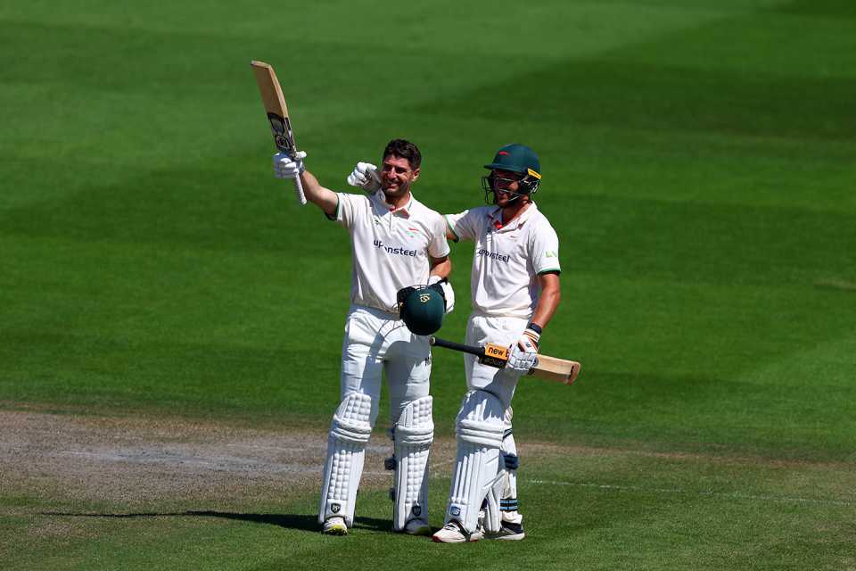 Colin Ackermann celebrates with team-mate Wiaan Mulder after scoring a double century, LV= Insurance County Championship, Division Two, Sussex vs Leicestershire, Hove, July 14, 2022