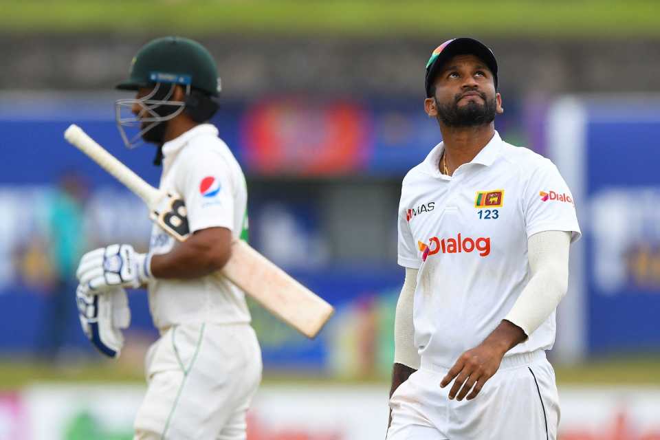 Dimuth Karunaratne wears a disappointed look after Pakistan win the first Test