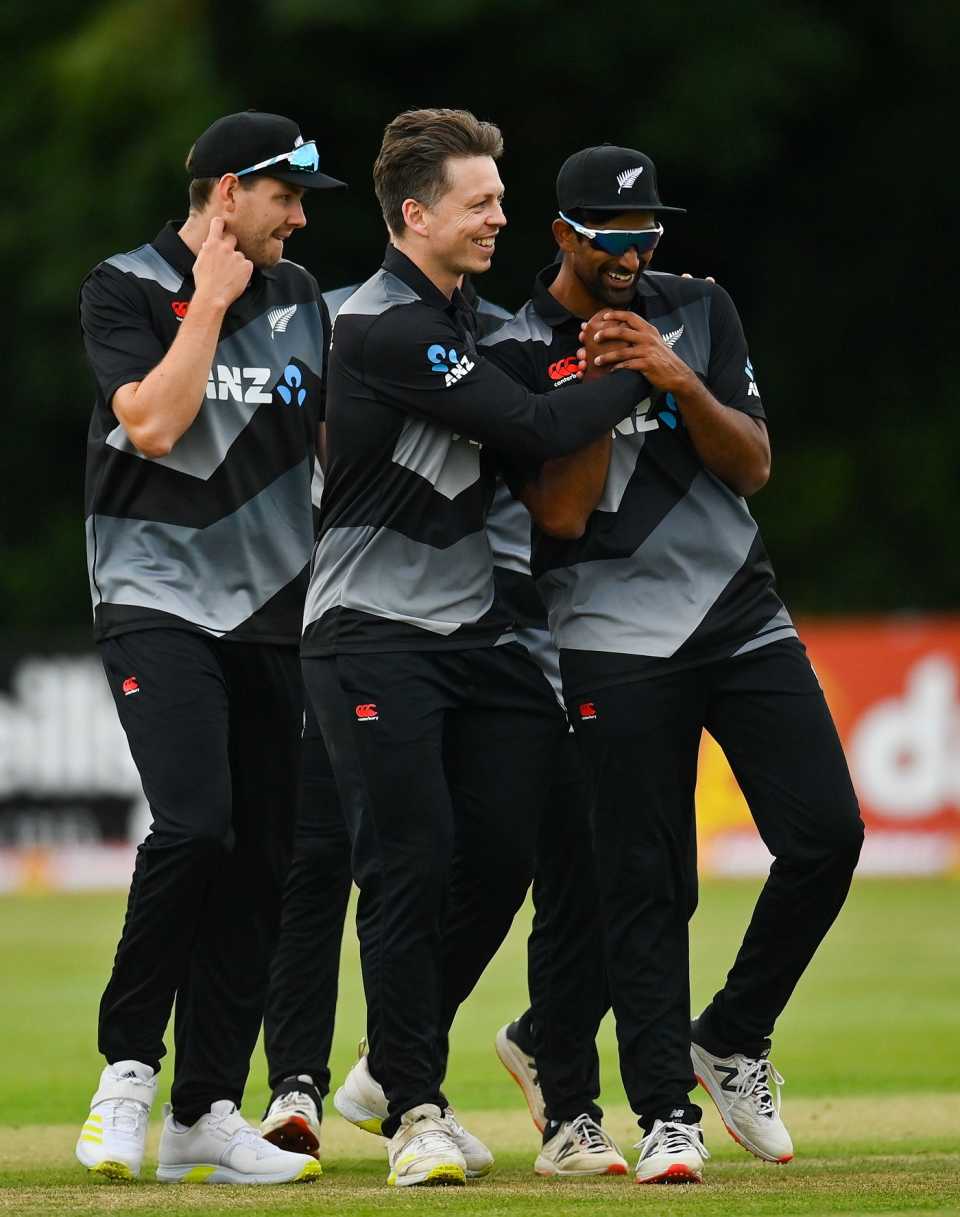 Michael Bracewell celebrates after Ish Sodhi took a catch to complete the hat-trick, Ireland vs New Zealand, 2nd T20I, Belfast, July 20, 2022