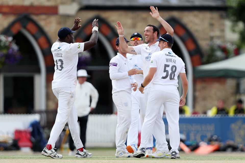 Kyle Abbott celebrates after his final-day hat-trick, Gloucestershire vs Hampshire, Cheltenham, County Championship, Division One, July 22, 2022