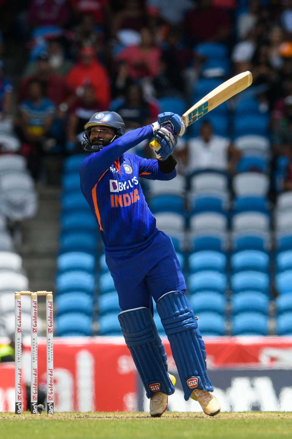 Dinesh Karthik hits over covers, West Indies vs India, 1st T20I, Tarouba, July 29, 2022

