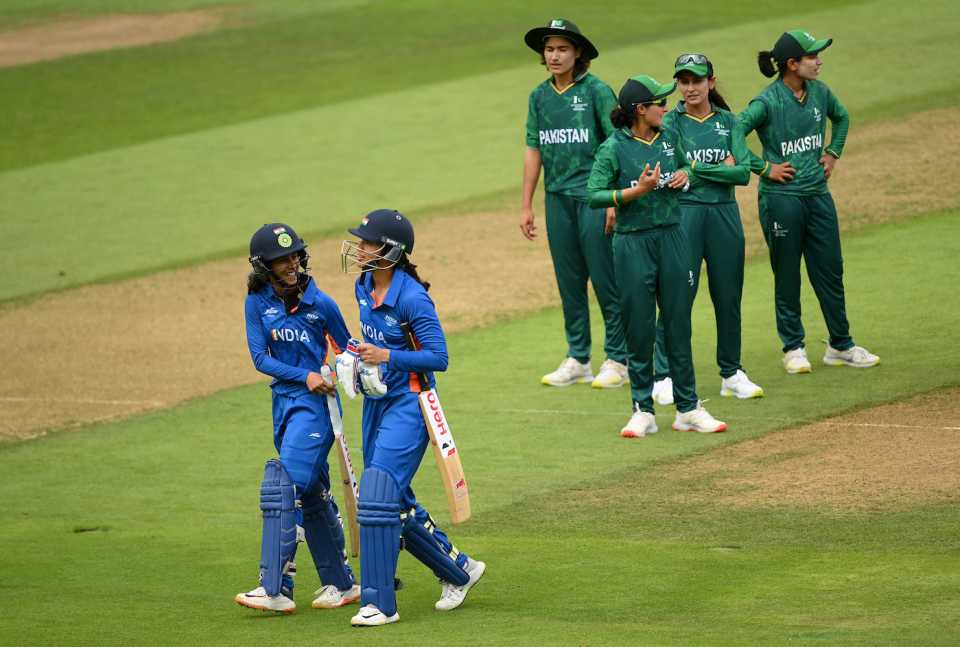 Jemimah Rodrigues and Smriti Mandhana walk off after the win, India vs Pakistan, Commonwealth Games, Birmingham, July 31, 2022