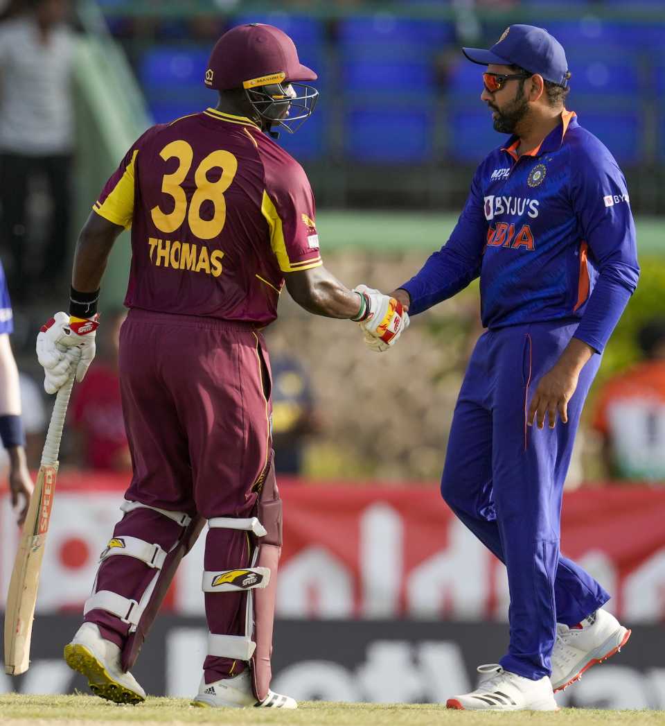 Devon Thomas and Rohit Sharma catch up after the game, West Indies vs India, 2nd T20I, Basseterre, August 1, 2022