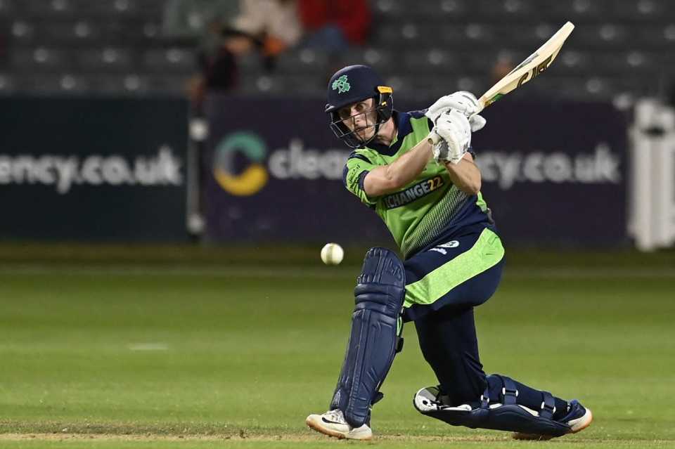 Lorcan Tucker swings for the leg side during an attacking 78, 1st T20I, Bristol, August 3, 2022