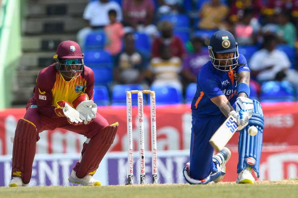 Suryakumar Yadav plays a sweep as Devon Thomas looks on, West Indies vs India, 3rd T20I, Basseterre, August 2, 2022